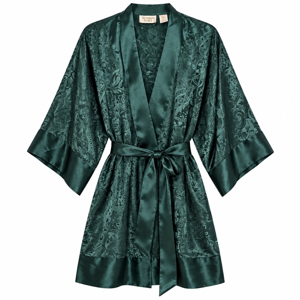 Vintage 90s Victoria's Secret Emerald Green Jacquard Kimono Robe O/S